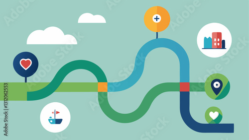 Wellness Journey A winding road design with different milestones representing health achievements with a wearable at the starting point symbolizing the journey to better health.