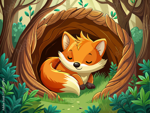 tiny baby fox curled up inside a hollow tree, its fluffy tail wrapped around itself