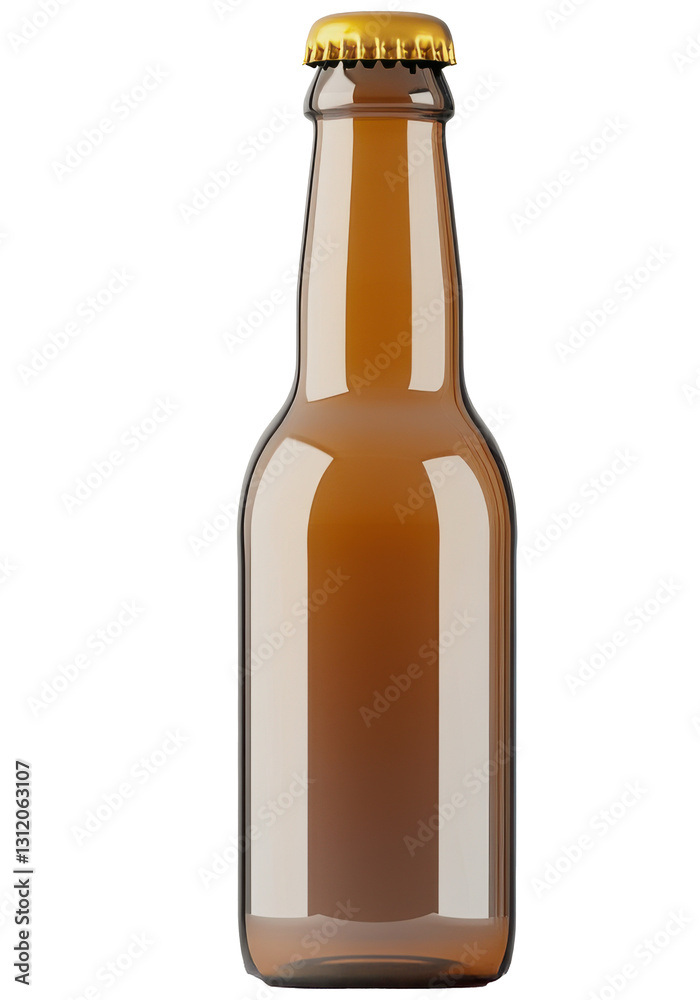 Brown glass beer bottle with golden cap standing upright against a plain background Brown glass beer bottle with golden cap standing upright against a plain background