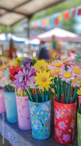 Spring-themed crafts dazzle on display at a bustling local fair in full bloom. Vertical.