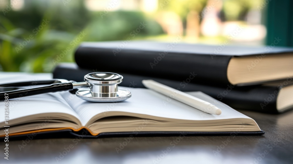 Open medical textbook with stethoscope and pen, blurred background of people. Possible use Stock photo for education, healthcare, study, or medical concepts Open medical textbook with stethoscope and pen, blurred background of people. Possible use Stock photo for education, healthcare, study, or medical concepts