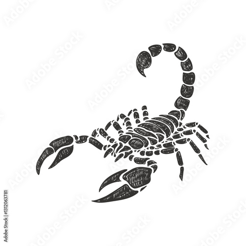 A detailed sketch of a scorpion, rendered in black ink on a white background, capturing its intricate anatomy