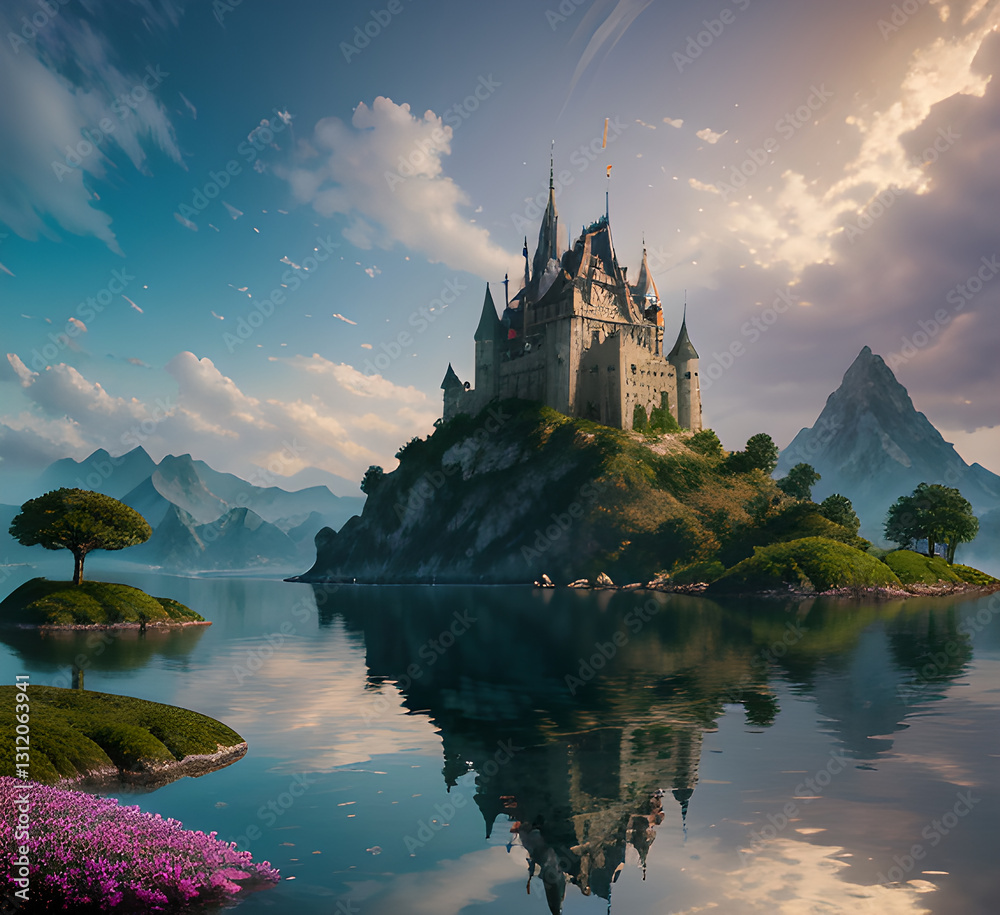 Fototapeta premium A medieval-style castle surrounded by trees and foliage in a dense forest,situated beside a serene lake or river,generative ai