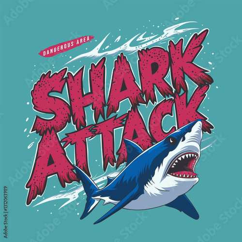 SHARK ATTACK graphic with textured text, abstract waves, and splatters, conveying danger and excitement