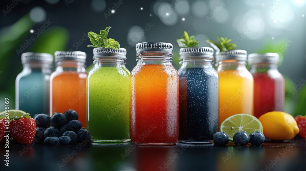 Healthy lifestyle concept showcasing a selection of colorful nutritious beverages in glass bottles against a blurred natural background  The array of juices smoothies and tonics represents a vibrant