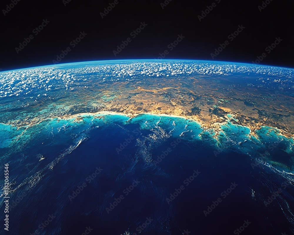 Fototapeta premium A wide aerial view of the Great Barrier Reef with surrounding marine sanctuaries, highlighting research initiatives and global cooperation in ocean conservation