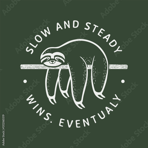A monochrome, hand-drawn vector illustration of a sloth clinging to a branch
