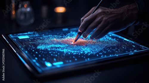 Immersive holographic digital art studio with real time AI powered data visualization intuitive gesture based controls and a sleek modern high tech environment for creative and innovative design