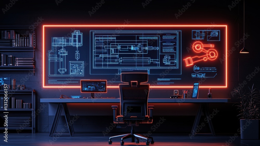 Holographic Engineering Workspace with Floating Futuristic Digital Interfaces and 3D Projections  Sci Fi Inspired Minimalist Workstation with Glowing Neon Displays Schematics