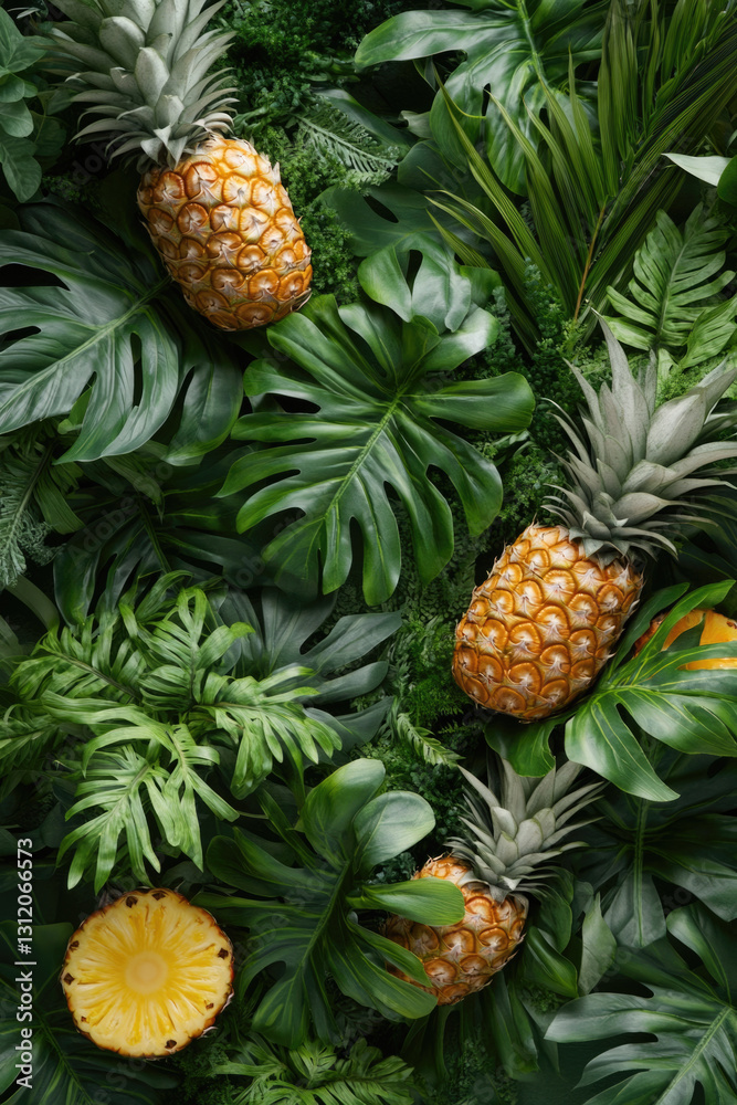 Fresh pineapples and lush green tropical leaves flat lay Fresh pineapples and lush green tropical leaves flat lay