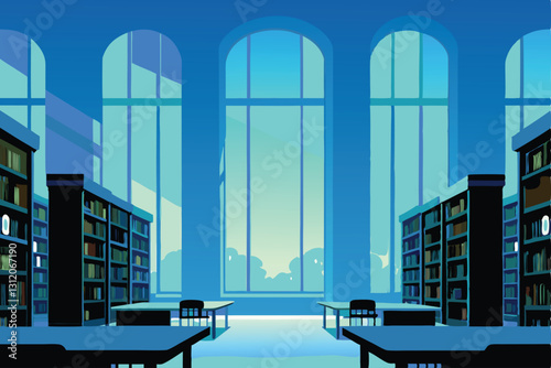 Serene campus library study scene students quietly studying, bookshelves filled with volumes, natural light streaming through large windows.