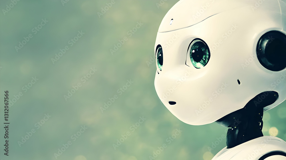 Close Up of Childlike White Robot with Green Eyes Against Soft Green Background Close Up of Childlike White Robot with Green Eyes Against Soft Green Background