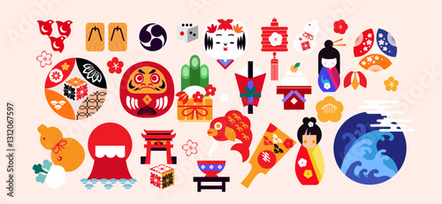 Japanese toys, National lucky sharms, asian fortune symbols, daruma, maneki cat