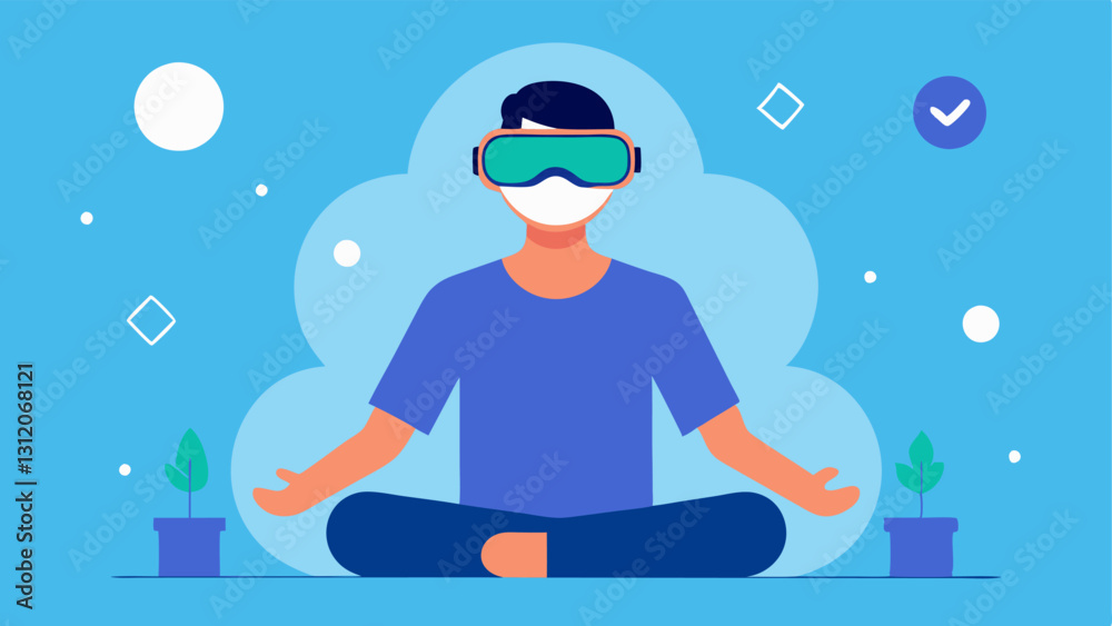 Virtual Reality Health Session A client wearing VR goggles experiencing immersive health sessions with a visual representation of their relaxation or exercise routine in the Virtual Reality Health Session A client wearing VR goggles experiencing immersive health sessions with a visual representation of their relaxation or exercise routine in the