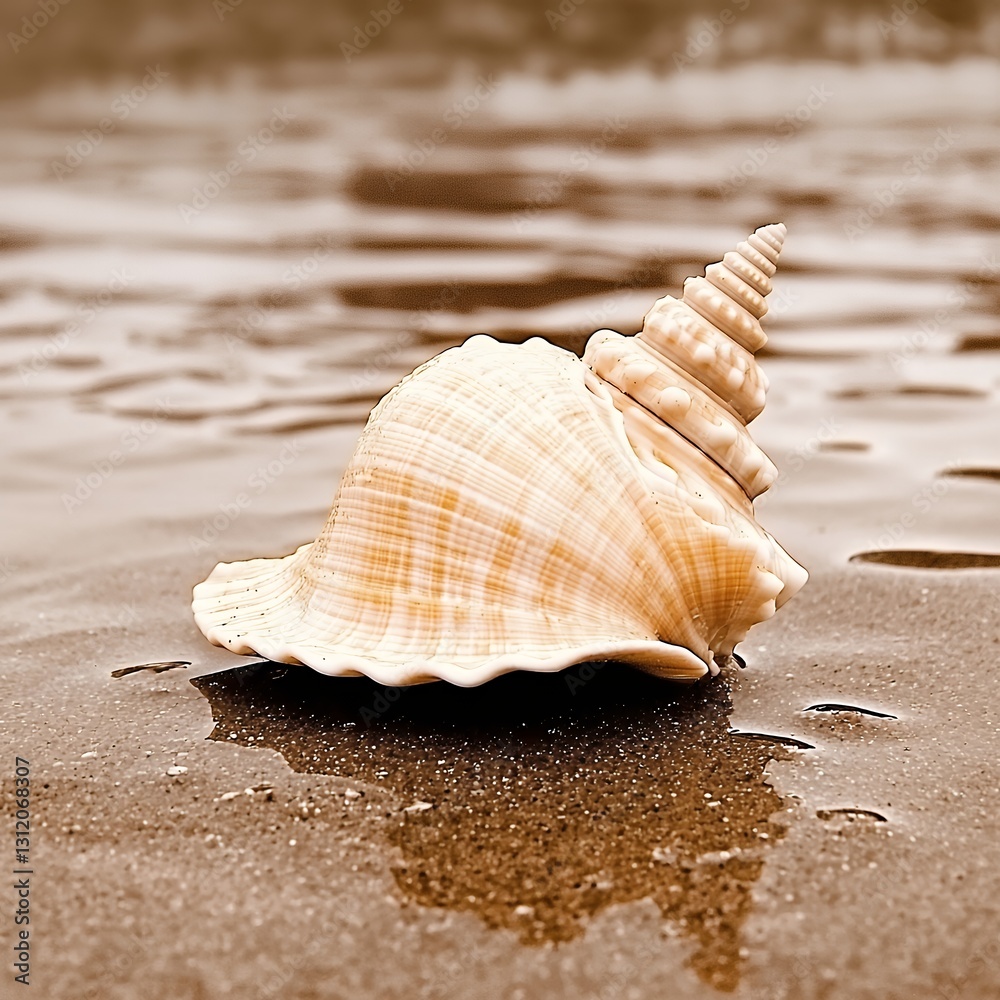A beautiful close-up of a spiral shell resting on wet sandy beach with shimmering water reflection showcasing intricate textures. A beautiful close-up of a spiral shell resting on wet sandy beach with shimmering water reflection showcasing intricate textures.
