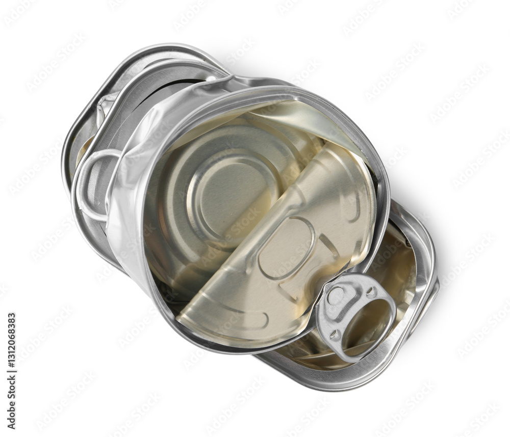Three crumpled tin cans isolated on white, top view Three crumpled tin cans isolated on white, top view