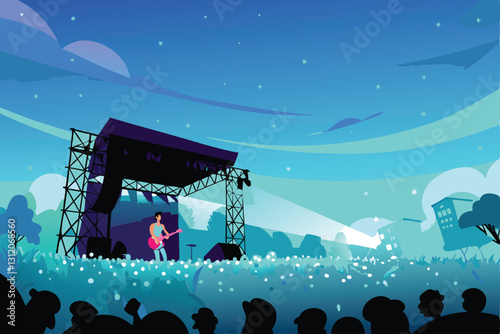 Vibrant campus music festival a stage with energetic performers, enthusiastic crowd, colorful banners, and food stalls.