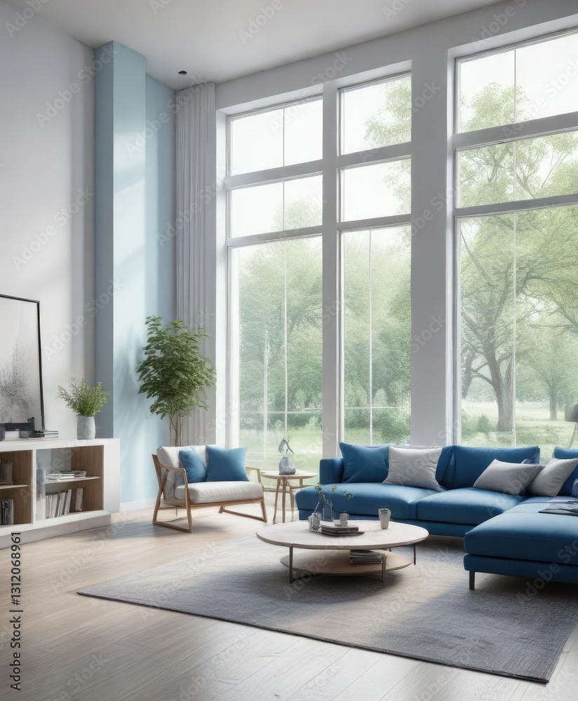 Fototapeta premium Modern white and blue open concept living area with a large window, natural light, blue accents