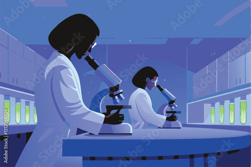 Scientists collaborating in a modern university research laboratory, conducting experiments and analyzing data.