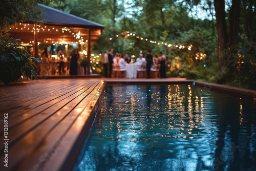 Outdoor party by pool at night