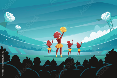 Energetic college cheerleaders performing a spirited routine at a vibrant campus sports rally, showcasing school spirit and athletic enthusiasm.