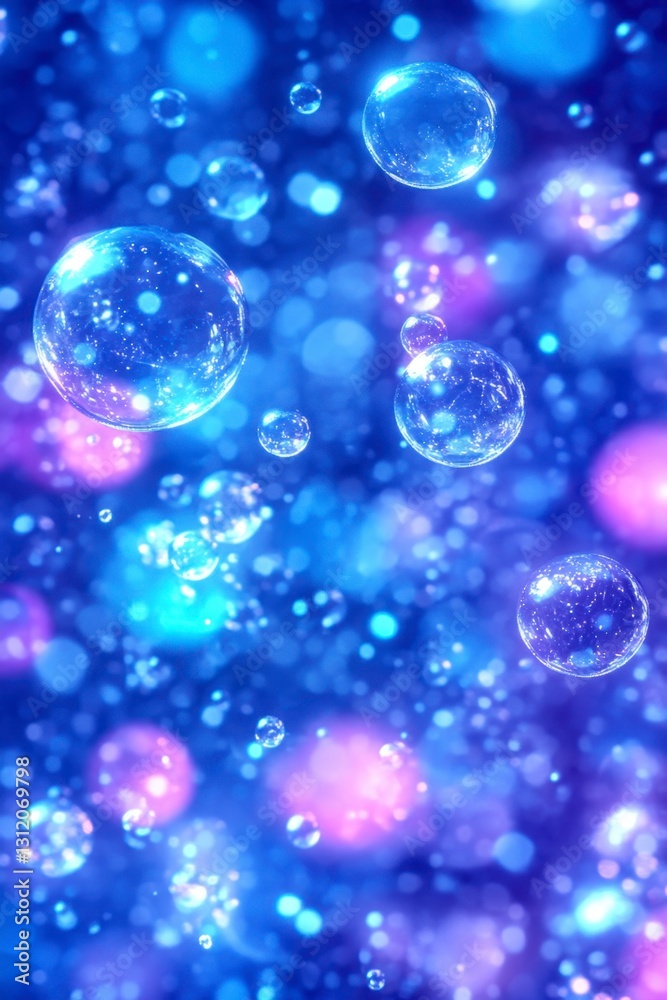 Abstract background with glowing blue and purple spheres, bokeh lights, and a dreamy atmosphere. Perfect for digital art or technology themes.