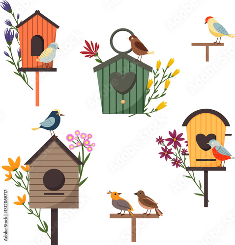 A set of illustrations with a spring theme. Birdhouse and birds, spring flowers. Vector illustration