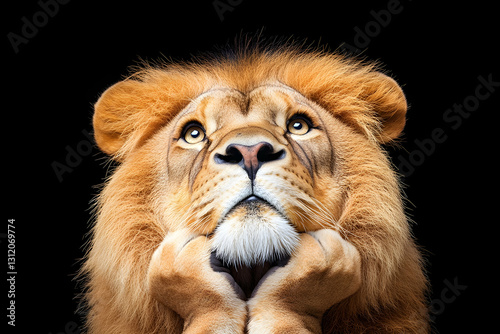 A majestic lion with a thick mane looks upward against a black background