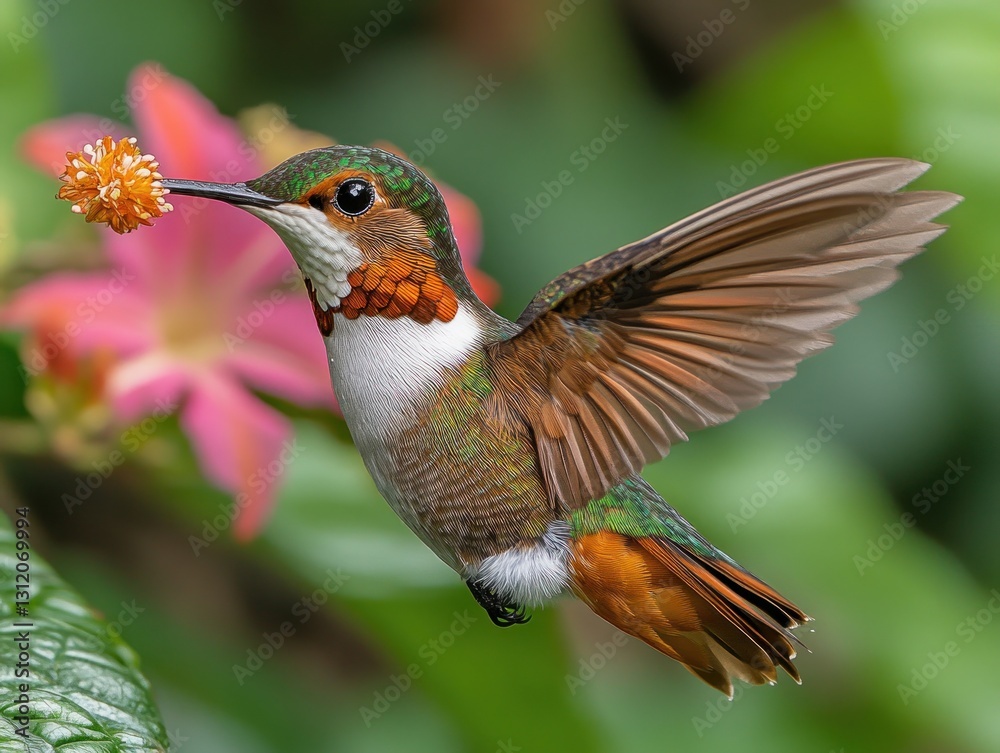 Fototapeta premium A hummingbird gracefully hovers in mid-flight while feeding on nectar from vibrant tropical flowers in full bloom
