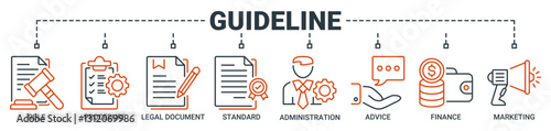Guideline banner web icon vector illustration concept with icon of rule, procedure, legal document, standard, administration, advice, finance, marketing icons. Outline vector symbol background.