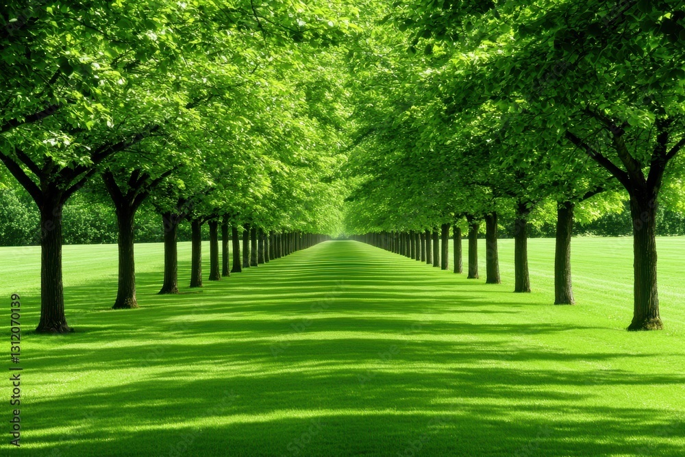 A serene path lined with lush green trees creates a tranquil atmosphere in a vibrant landscape.