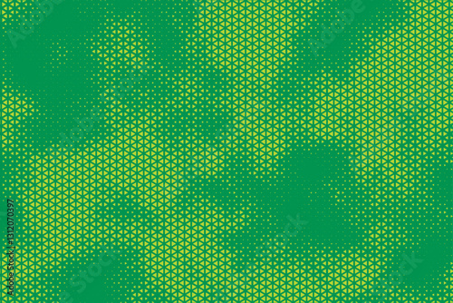 Triangular Halftone Texture Retrowave Vector Geometric Technology Abstract Green-Yellow Background. Half Tone Triangles Retro Colored Pattern. Minimal 80s Style Dynamic Tech Structure Wallpaper