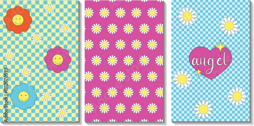 Set of templates for design in retro style of 1970s. Flowers and decorative elements on bright background. Small daisies and emoticons. Vector illustration