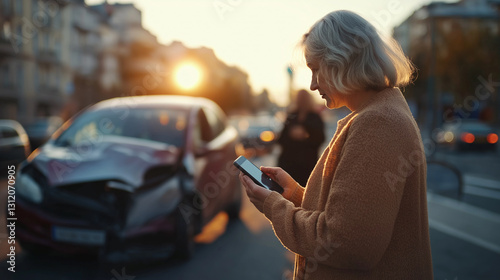 An elderly woman stands on a city street, holding a phone, looking anxious, calling the insurance company. Behind her, a damaged car is seen in an accident. 