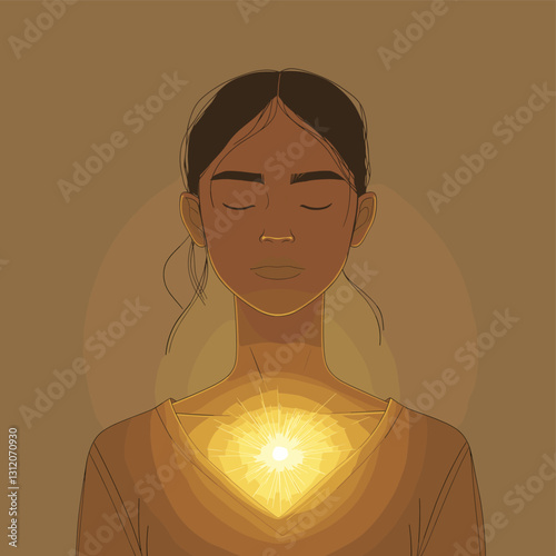 Woman eyes closed with glow on her chest, simple, plain background, flat vector art style. 