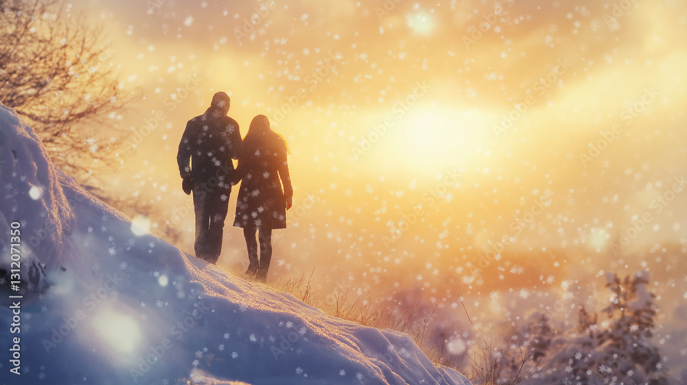 Rear view of a couple walking in the snow and golden sunlight during a winter sunset. The serene mountain scenery creates a magical and romantic atmosphere, conveying love, unity and peace. Rear view of a couple walking in the snow and golden sunlight during a winter sunset. The serene mountain scenery creates a magical and romantic atmosphere, conveying love, unity and peace.