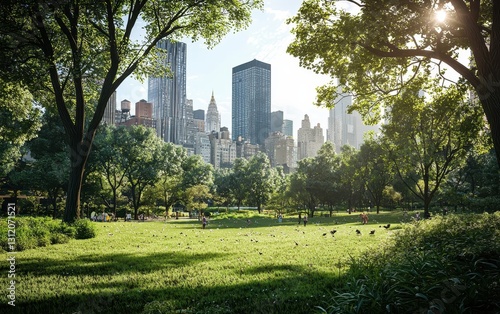 A city park with green spaces, trees, and wildlife, representing urban ecology and green spaces