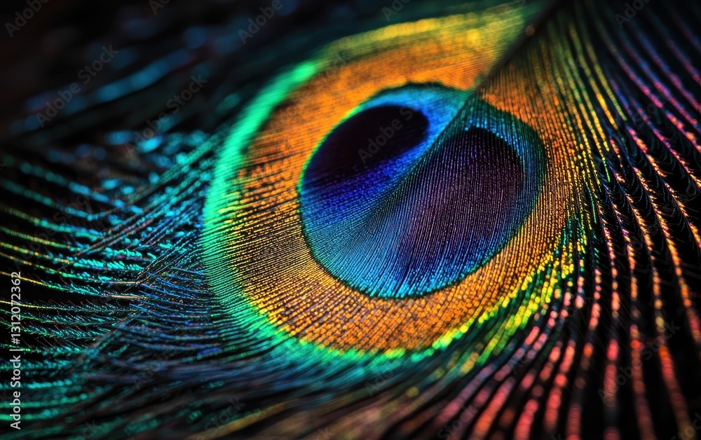 Obraz premium A close-up of a colorful peacock feather, showcasing the intricate details and vibrant colors