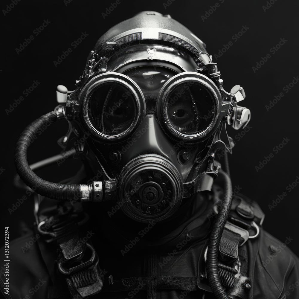 Mysterious figure in advanced gas mask suit on dark background Mysterious figure in advanced gas mask suit on dark background