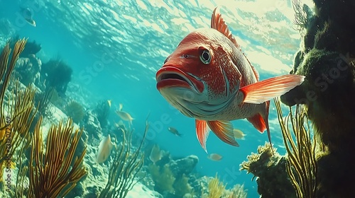 Vibrant coral reef fish swimming in clear water.  A close-up view of a red snapper amidst coral and other marine life