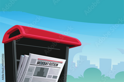 A bustling Monday morning newsstand overflowing with newspapers, magazines, and colorful tabloids.  Capture the vibrant energy of the urban scene.