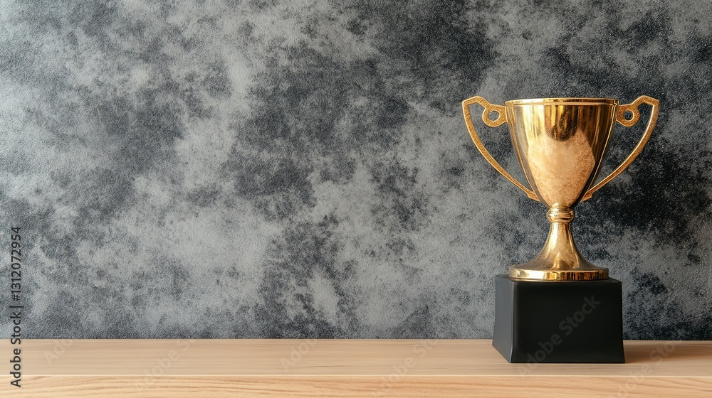 A Gleaming Golden Trophy Rests On A Dark Base Against A Textured Gray Wall, A Symbol Of Achievement And Victory, Displayed On A Light Wood Surface