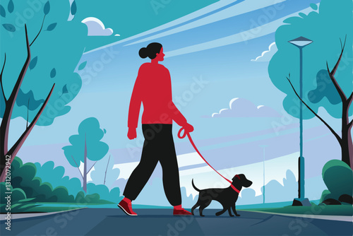 A lone person strolls through a tranquil park on a Monday morning, leisurely walking a dog.  Sunlight dapples the path.