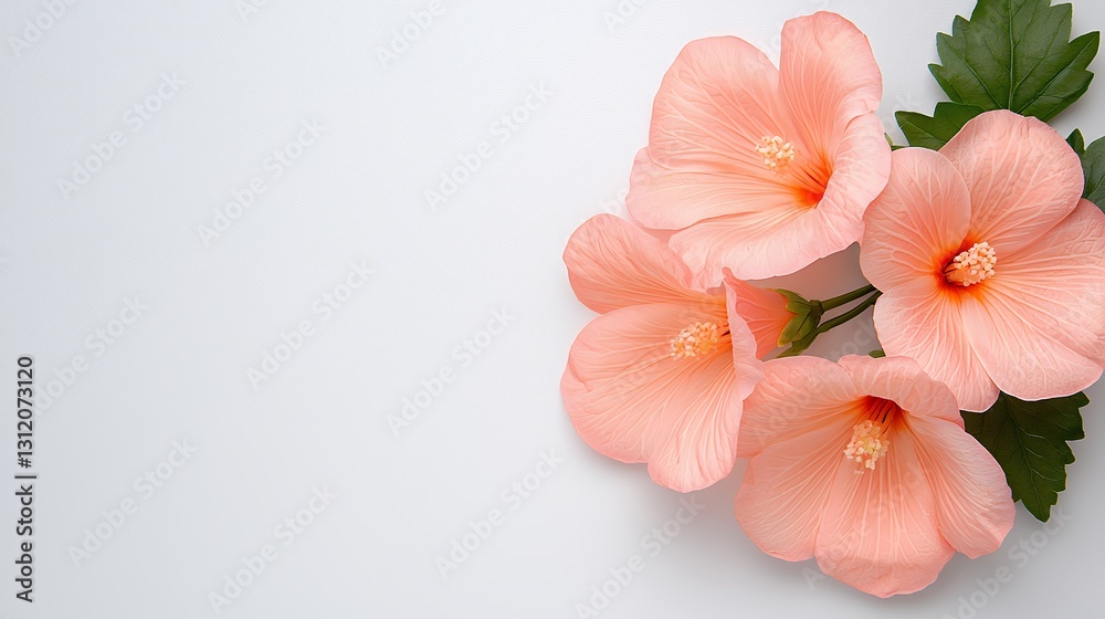 A stunning arrangement of delicate pink hibiscus flowers set against a soft light background showcasing their vibrant petals and lush green leaves. A stunning arrangement of delicate pink hibiscus flowers set against a soft light background showcasing their vibrant petals and lush green leaves.