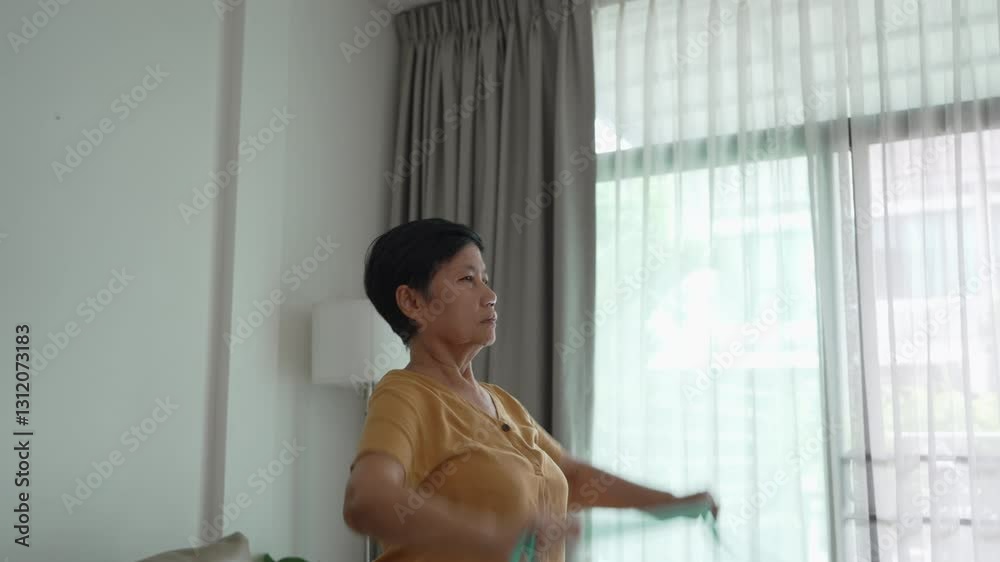 An senior Asian woman exercises with a resistance band while following an online class on TV at home. An senior Asian woman exercises with a resistance band while following an online class on TV at home.