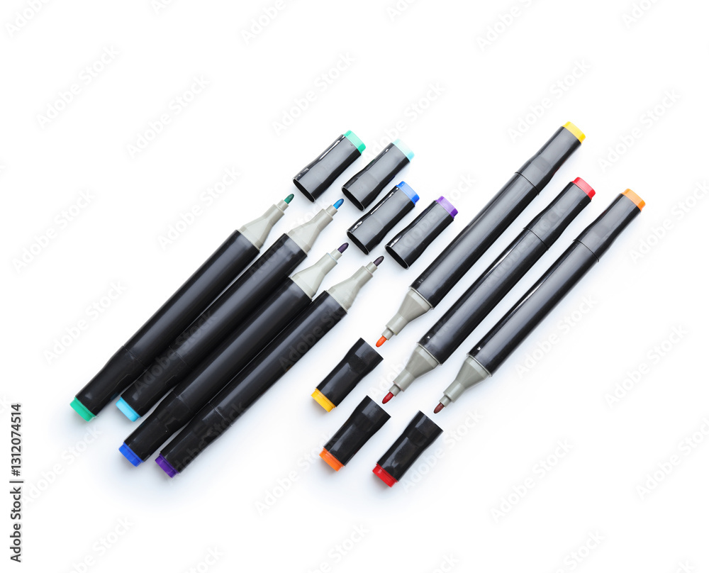 Many double sided markers isolated on white, top view Many double sided markers isolated on white, top view