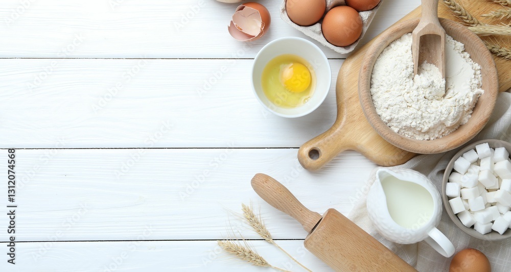 Rolling pin and ingredients for dough on white wooden table, flat lay. Space for text Rolling pin and ingredients for dough on white wooden table, flat lay. Space for text