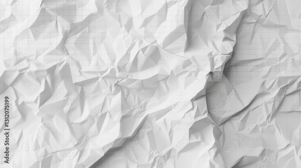 Obraz premium a highly detailed rendering of crumpled white paper featuring faint grid lines. The image should showcase the intricate folds and creases