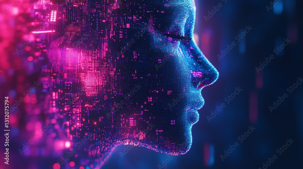 A pixelated abstract robot head, glowing digital elements, futuristic technology, neon blue and purple hues, hightech portrait design, detailed textures, 8K UHD A pixelated abstract robot head, glowing digital elements, futuristic technology, neon blue and purple hues, hightech portrait design, detailed textures, 8K UHD