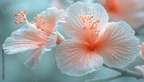 Peach hibiscus blossoms in soft focus